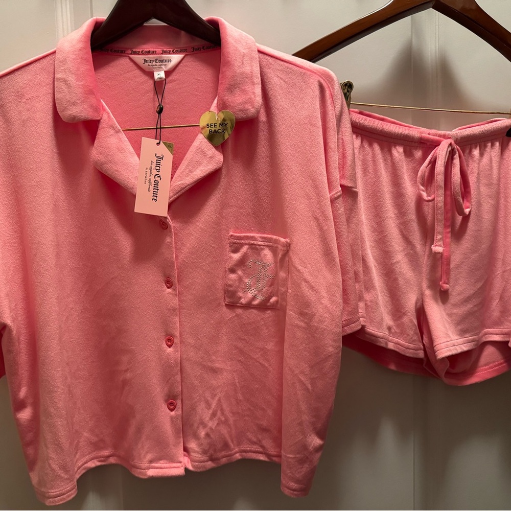 NWT 2 Piece Juicy Couture Pink Velour Rhinestone Bling Shorts Pajama Set - Picture 5 of 16